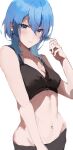 absurdres bare_shoulders black_pants black_sports_bra blue_eyes blue_hair blush bow bow_earrings breasts clothes_pull earrings hair_between_eyes hand_in_own_hair hand_up highres hololive hololive_english hoshimachi_suisei jewelry medium_hair navel no_shirt pants pants_pull shy sidelocks small_breasts sports_bra stomach twirling_hair virgo76612871 virtual_youtuber wolf wolf_cut yoga_pants 
