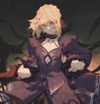  18660081532 1girl absurdres artoria_pendragon_(fate) black_choker black_dress black_sleeves blonde_hair blurry blurry_edges breasts choker cleavage clenched_hand closed_mouth collarbone cowboy_shot detached_sleeves dress fate/grand_order fate_(series) highres holding holding_sword holding_weapon long_hair long_sleeves looking_at_viewer medium_breasts puffy_sleeves saber_alter solo sword weapon yellow_eyes 