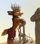  anthro beach brown_fur cervine clothed clothing deer fence fur green_eyes male mammal open_mouth seaside smile solo tirrel tongue topless 