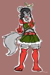  2016 absurd_res anthro biped black_hair black_nose bottomwear breasts brown_background candy candy_cane candy_cane_(mkbuster) christmas clothed clothing dirtyscoundrel eyes_closed female food footwear fully_clothed fur green_bottomwear green_clothing green_skirt green_topwear grey_ears grey_fur grey_tail hair hi_res holidays koala legwear licking mammal marsupial red_footwear red_stockings signature simple_background skirt solo stockings tongue tongue_out topwear v_sign 