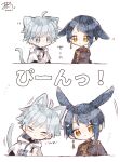  &gt;_&lt; 2boys :3 :o ahoge animal_ear_fluff animal_ears artist_name black_shirt blue_coat blue_eyes blue_hair cat_boy cat_ears cat_tail chibi chongyun_(genshin_impact) closed_eyes closed_mouth coat colored_eyelashes commentary_request diagonal_bangs earrings expressionless floppy_ears genshin_impact gold_trim hair_between_eyes heart highres hood hood_down hoodie jewelry long_sleeves looking_at_another looking_at_viewer male_focus motion_lines multiple_boys multiple_views nekorune_(bukubuku_awai) notice_lines open_mouth parted_bangs rabbit_boy rabbit_ears shirt short_hair short_sleeves sidelocks signature simple_background single_earring smile tail tassel tassel_earrings translation_request upper_body v-shaped_eyebrows white_background white_hoodie xingqiu_(genshin_impact) yellow_eyes 