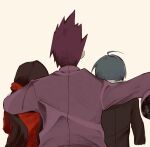  1girl 2boys ahoge arms_around_neck black_hair black_jacket danganronpa_(series) danganronpa_v3:_killing_harmony from_behind hair_ornament hair_scrunchie harukawa_maki jacket long_hair long_sleeves low_twintails momota_kaito multiple_boys pink_jacket purple_hair red_scrunchie red_shirt saihara_shuichi scrunchie shirt short_hair simple_background spiked_hair te_sushi_to twintails white_background 