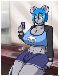 anthro big_breasts breasts bulge cellphone chen_(thebunnypie) cleavage clothed clothing ear_piercing ear_ring electronics gynomorph hi_res intersex mammal mouse murid murine navel navel_piercing phone piercing ring_piercing rodent smartphone solo thebunnypie wide_hips