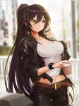  bangs belt black_hair breasts brown_hair cellphone closed_mouth coffee_cup commentary_request cowboy_shot cup day disposable_cup earrings eyebrows_visible_through_hair goomrrat hair_between_eyes hand_up holding holding_phone idolmaster idolmaster_shiny_colors jacket jewelry large_breasts light_particles long_hair midriff navel necklace open_clothes open_jacket outdoors phone ponytail shirase_sakuya smartphone smile solo tank_top thigh_gap very_long_hair watch wristwatch yellow_eyes 