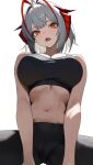  1girl alternate_costume arasaka_inu arknights bare_arms bare_shoulders black_pants black_sports_bra breasts cleavage commentary_request demon_girl demon_horns from_below grey_hair highres horns large_breasts light_blush looking_at_viewer navel open_mouth orange_eyes pants red_horns short_hair simple_background solo sports_bra stomach w_(arknights) white_background 