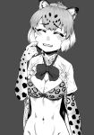  ^_^ animal_ears arm_at_side blush bow bow_bra bowtie bra breasts buttons cleavage closed_eyes embarrassed eyebrows_visible_through_hair finger_to_cheek frills gloves greyscale hand_up highres jaguar_(kemono_friends) jaguar_ears jaguar_print kemono_friends kishida_shiki medium_breasts monochrome navel open_clothes open_mouth open_shirt print_bra print_gloves short_hair short_sleeves smile solo standing stomach unbuttoned unbuttoned_shirt underwear undone_bowtie upper_body 