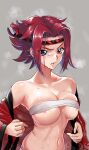  1girl areola_slip bare_shoulders blue_eyes blush breasts chest_sarashi clenched_teeth code_geass commentary_request grey_background hachimaki happi headband highres japanese_clothes kilesha kouzuki_kallen large_breasts long_sleeves looking_at_viewer navel nejiri_hachimaki off_shoulder red_hair sarashi short_hair sidelocks simple_background solo steaming_body stomach sweat teeth upper_body v-shaped_eyebrows wide_sleeves 
