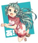 :d a bare_legs blue_background breasts collared_shirt commentary curly_hair ears fang full_body geta green_eyes green_hair highres horn kariyushi_shirt komano_aun ksk_(semicha_keisuke) leg_up long_hair looking_at_viewer medium_breasts open_mouth paw_pose red_shirt shirt short_sleeves shorts smile solo standing standing_on_one_leg tareme thick_eyebrows touhou two-tone_background white_background white_shorts 
