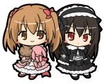  bangs black_dress black_footwear black_hairband blush_stickers brown_eyes brown_hair chibi closed_mouth commentary_request dress eyebrows_visible_through_hair frilled_dress frilled_hairband frills gothic_lolita hair_between_eyes hairband juliet_sleeves lolita_fashion long_hair long_sleeves multiple_girls object_hug original pantyhose pink_dress pink_footwear puffy_sleeves red_eyes rinechun sleeves_past_fingers sleeves_past_wrists smile standing stuffed_animal stuffed_bunny stuffed_toy teddy_bear two_side_up white_legwear wide_sleeves 