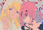  2girls amauri_miruki anchiki_shou antenna_hair bad_id bad_twitter_id black_nails blonde_hair blue_eyes blunt_bangs closed_mouth cross_hair_ornament grey_background hair_down hair_ornament hairband hand_up highres kokoa_remon lolita_hairband long_hair looking_at_viewer multiple_girls pink_hair pretty_series short_hair skull_hair_ornament star_(symbol) star_hair_ornament upper_body waccha_primagi! white_hairband white_nails 