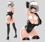  1girl 2b_(nier:automata) arm_behind_head arm_up armpits ass bare_shoulders black_hairband black_leotard blindfold breasts choker cleavage collarbone commentary elbow_gloves full_body geiger gloves grey_background hairband hands_up high_heels highleg highleg_leotard highres large_breasts leotard lips looking_back mole mole_under_mouth multiple_views nier:automata nier_(series) parted_lips shiny_clothes shiny_skin short_hair strapless strapless_leotard thigh_strap thighhighs thighs white_hair 