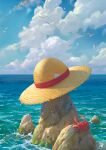  animal artist_name bird blue_sky brown_hat cloud cloudy_sky crab day grafit_studio hat highres horizon no_humans ocean one_piece outdoors paper seagull sky straw_hat sun_hat 