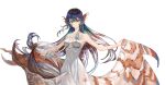  1girl absurdres bare_shoulders black_hair breasts collarbone double-parted_bangs dress fins floating_hair hair_between_eyes head_fins highres kasumi_yuzuha long_hair looking_at_viewer multicolored_hair original red_eyes red_hair simple_background skirt_hold solo strapless strapless_dress white_background white_dress 