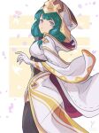  1girl black_thighhighs commentary dragalia_lost falling_petals gloves gold_trim green_hair hildegarde_(dragalia_lost) long_hair petals purple_eyes solo tabard takasaka_light thighhighs two-tone_background white_background white_gloves yellow_background 