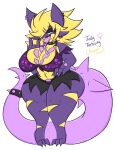 3_toes 4_fingers amped_toxtricity anthro big_breasts bottomwear breasts clothing collar feet female fingers generation_8_pokemon hi_res lewdchuu_(artist) navel nintendo pokemon pokemon_(species) purple_body purple_eyes shirt shorts solo spiked_collar spikes tail thick_thighs toes tongue tongue_out topwear toxtricity yellow_body