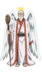  1boy arm_at_side artist_request bald beard black_eyes brown_sash facial_hair feathered_wings full_body glowing_halo halo hatching_(texture) highres holding holding_staff japanese_clothes kimi_no_koto_ga_dai_dai_dai_dai_daisuki_na_100-nin_no_kanojo kimono large_wings linear_hatching long_beard long_earlobes long_sleeves looking_at_viewer love_god_(100kanojo) official_art old old_man red_footwear red_trim robe sandals sanpaku sleeves_past_fingers sleeves_past_wrists socks solo staff standing straight-on tabi tachi-e transparent_background white_beard white_kimono white_robe white_socks white_wings wide_sleeves wings wooden_staff yellow_halo yukata zouri 