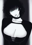  1girl absurdres black_choker black_hair breast_press breasts choker cleavage collarbone fubuki_(one-punch_man) green_eyes highres large_breasts looking_at_viewer monochrome mostlybluewyatt one-punch_man open_mouth short_hair simple_background solo two-tone_background upper_body v-shaped_eyebrows 