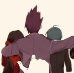  1girl 1other 2boys ahoge arms_around_neck black_hair black_jacket danganronpa_(series) danganronpa_v3:_killing_harmony from_behind hair_ornament hair_scrunchie hand_up harukawa_maki jacket long_hair long_sleeves low_twintails momota_kaito multiple_boys pink_jacket pov purple_hair red_scrunchie red_shirt saihara_shuichi scrunchie shirt short_hair simple_background spiked_hair te_sushi_to twintails white_background 