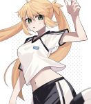  1girl 710_ao artoria_caster_(fate) artoria_pendragon_(fate) ball blonde_hair breasts fate/grand_order fate_(series) green_eyes highres long_hair looking_at_viewer medium_breasts midriff navel shirt shorts soccer_ball soccer_uniform sportswear sweatdrop twintails 