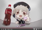  :d beret blurry bokeh brown_eyes brown_hair chaki_(teasets) coke_bottle commentary_request depth_of_field desk fake_screenshot fang fisheye hat hatoba_tsugu hatoba_tsugu_(character) holding mentos mole mole_under_eye open_mouth outstretched_arm smile solo virtual_youtuber youtube 
