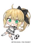  1girl ahoge artoria_pendragon_(fate) ball black_bow blonde_hair bow bow_legwear chestnut_mouth chibi fate/grand_order fate_(series) green_eyes kneehighs long_hair looking_down nipi27 official_art open_mouth ponytail saber_lily shirt short_sleeves sidelocks simple_background skirt soccer_ball socks solo white_background white_shirt white_skirt white_socks 
