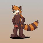 absurd_res ailurid anthro balls brown_body brown_fur cheeky_smile erection fluffy fluffy_tail fur genitals green_eyes hands_on_hips hi_res male mammal narrowed_eyes orange_body orange_fur penis red_panda solo standing tail teeth tinnier tongue tongue_out