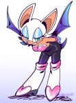 anthro bat breasts cleavage clothed clothing eyeshadow female footwear fur gloves handwear hi_res looking_at_viewer makeup mammal narrowed_eyes rouge_the_bat sega setispaghetti signature simple_background solo sonic_the_hedgehog_(series) tan_body tan_skin white_body white_fur wings