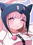  1girl blush breasts brown_hair collared_shirt danganronpa_(series) danganronpa_2:_goodbye_despair dress_shirt galaga hair_ornament ikemen&#039;na_ore-shi jacket looking_at_viewer medium_hair nanami_chiaki pink_eyes shirt solo white_shirt 