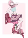  1girl 1other border finger_to_mouth flower hand_on_own_hip hirose_yasuho jojo_no_kimyou_na_bouken jojolion map_print navel paisley_park_(stand) parted_lips pink_background pink_eyes pink_hair quad_tails reammara rose shoes sneakers stand_(jojo) tank_top 