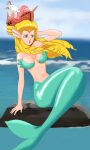 absurd_res blonde_hair blue_eyes breasts clothing curled_hair ear_fins eliza_(parodius) eyelashes female fin fish_tail gradius green_body green_clothing green_scales green_topwear hair hand_behind_head hi_res humanoid konami lipstick long_hair makeup marine merfolk navel open_mouth parodius red_lipstick rock scales sea sitting sky solo split_form tan_body tan_skin topwear water wcewq3yvoy7qdjf wide_hips