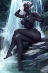  absurd_res anthro big_breasts black_body black_skin braided_hair breasts crossed_legs dark_elf elf female genitals hair hi_res human humanoid humanoid_pointy_ears mammal nature nature_background nipples nude pussy red_eyes rock siriussly sitting solo water waterfall wet white_hair 