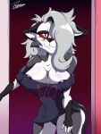 absurd_res anthro areola areola_slip big_breasts big_butt breasts butt canid canid_demon canine cleavage clothed clothing crop_top demon female fur grey_hair hair hair_over_eye hellhound helluva_boss hi_res huge_breasts legwear long_hair loona_(helluva_boss) makeup mammal messy_hair midriff mythological_canine mythological_creature mythology one_eye_obstructed panties red_eyes reymonrr shirt solo thick_thighs thigh_highs topwear underwear white_body white_fur wide_hips