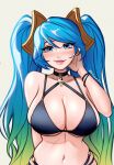  1girl artist_name bikini black_bikini blue_eyes blue_hair blush breasts cleavage gradient_hair green_hair hair_ornament hair_tie_on_wrist highres jewelry konomidraws large_breasts league_of_legends long_hair looking_at_viewer multicolored_hair navel navel_piercing piercing pool_party_(league_of_legends) simple_background smile solo sona_(league_of_legends) swimsuit treble_clef twintails twitter_username two-tone_hair very_long_hair 