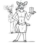  2020 anthro antlers apron beverage bottomwear clothed clothing collaboration container cup deer digital_drawing_(artwork) digital_media_(artwork) drinking_straw duo dyyrlysh eyebrows eyes_closed fingers fluffyc0bra fully_clothed fur greyscale hair hand_on_hip hand_on_own_hip holding_tray hooved_fingers hooves horn kristoffer_everglade looking_at_another male mammal midriff monochrome navel new_world_deer pants scut_tail shirt short_tail smile standing tail topwear unguligrade waiter waiter_tray white-tailed_deer 
