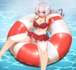  1girl afloat ahoge bikini bikini_skirt breasts cleavage covered_nipples food frilled_bikini frills grey_hair highres holding holding_food holding_ice_cream ice_cream innertube large_breasts long_hair looking_at_viewer on_innertube open_mouth pojitaro purple_eyes red_bikini senki_zesshou_symphogear solo spread_legs stomach swim_ring swimsuit water yukine_chris 