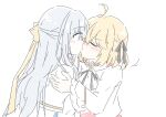  2girls ahoge anisphia_wynn_palettia black_ribbon blonde_hair blush closed_eyes commentary_request euphyllia_magenta grey_hair hair_ribbon hand_on_another&#039;s_shoulder jacket kiss long_hair long_sleeves medium_hair multiple_girls neck_ribbon nick150iso ribbon simple_background tensei_oujo_to_tensai_reijou_no_mahou_kakumei upper_body white_background white_jacket yellow_ribbon yuri 