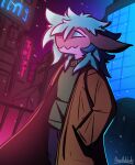  anonantibody asher_sterling biped city cityscape clothed clothing coat detailed_background digital_media_(artwork) hair hi_res horn male shirt solo topwear trenchcoat wickerbeast 