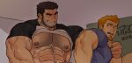  2boys abs arm_around_shoulder bara bare_pectorals beard_stubble black_hair clothes_lift couple cropped earrings facial_hair fang forearms goatee grin hairy highres imatoart imminent_anal imminent_penetration jewelry large_pectorals lucas&#039;s_ginger_friend lucas_lee male_focus multiple_boys muscular muscular_male nipples number_tattoo pectorals raglan_sleeves scott_pilgrim_(series) scott_pilgrim_takes_off shirt shirt_lift short_hair short_sleeves sideburns_stubble smile spiked_hair strongman_waist stubble t-shirt tattoo thick_arm_hair thick_chest_hair thick_eyebrows triceps upper_body v-shaped_eyebrows veins veiny_arms yaoi 