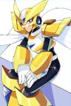  1boy armor black_bodysuit blue_eyes bodysuit capelet chest_jewel forehead_jewel gate_(mega_man) gold_helmet looking_at_viewer male_focus mega_man_(series) mega_man_x_(series) shoulder_armor sitting solo sznami129 white_capelet 