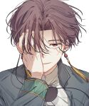  1boy brown_eyes brown_hair collared_shirt earrings eyepatch hair_between_eyes hand_on_own_face hayato_suou highres hwanan jewelry long_sleeves looking_at_viewer shirt short_hair solo undershirt upper_body white_background wind_breaker_(nii_satoru) 