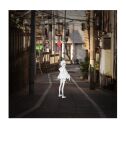  1girl bang_dream! bang_dream!_it&#039;s_mygo!!!!! building commentary_request day from_behind highres jacket long_sleeves looking_at_viewer looking_back official_art outdoors photo_background polaroid power_lines road_sign shoes short_hair shorts shu_atelier sign sneakers socks solo takamatsu_tomori tokyo_(city) toshima_(tokyo) utility_pole 