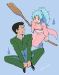  1boy 1girl :d blue_hair botan_(yu_yu_hakusho) full_body japanese_clothes kimono long_hair mabca oar open_mouth ponytail school_uniform simple_background smile urameshi_yusuke yu_yu_hakusho 