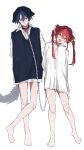  2girls :d absurdres animal_ears bare_legs blue_hair blue_sweater_vest blue_tail blush chain chain_leash closed_mouth dog_ears fang full_body grey_eyes hair_ribbon head_tilt heterochromia highres hiodoshi_ao hololive hololive_dev_is houshou_marine leash long_sleeves looking_at_viewer multiple_girls no_pants open_mouth planetzer_0 red_eyes red_hair red_ribbon ribbon shirt short_hair simple_background smile sweater_vest twintails virtual_youtuber white_background white_shirt yellow_eyes 