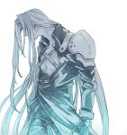  1boy aqua_eyes armor bangle black_coat black_gloves bracelet chest_strap coat facing_to_the_side final_fantasy final_fantasy_vii gloves grey_hair jewelry long_bangs long_coat long_hair long_sleeves male_focus michibata_65 parted_bangs pectorals sephiroth shoulder_armor solo upper_body white_background 