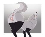 anatomically_correct anatomically_correct_genitalia animal_genitalia animal_pussy anus big_butt blush bodily_fluids butt canid canine canine_genitalia canine_pussy canis clothed clothed_feral clothing crossgender digital_media_(artwork) domestic_dog female feral fur genitals grey_body grey_fur hi_res husky kaze~inu leggings legwear mammal mixed_breed nikko_(kaze~inu) nordic_sled_dog presenting pussy simple_background smile solo spitz tail tongue wolf yellow_eyes