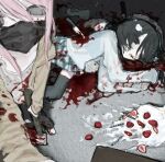  2girls axe black_eyes black_hair bleeding blood blood_from_mouth blood_on_clothes cake candle death food fruit highres holding holding_axe knife long_hair mask mouth_mask multiple_girls murder original pink_hair pool_of_blood ppj705904378810 selfie short_hair sketch stab strawberry sweater thighhighs 