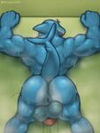 anthro anus backsack balls baragoon64 bathroom big_arms big_butt blue_body bodily_fluids butt fish genitals glory_hole hi_res looking_away male marine muscular muscular_male nude offscreen_character penis public_restroom raised_arms restroom_stall sex shark solo standing sweat