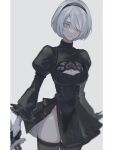  1girl 2b_(nier:automata) black_dress black_gloves black_hairband black_thighhighs breasts cleavage_cutout closed_mouth clothing_cutout commentary dress gloves grey_background grey_eyes hairband highres holding holding_weapon juliet_sleeves long_sleeves looking_at_viewer medium_breasts miichinori mole mole_under_eye nier:automata nier_(series) pillarboxed puffy_sleeves short_hair side_slit solo thighhighs weapon white_hair 