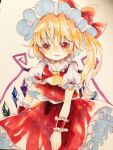  1girl ascot bat_wings blonde_hair crystal flandre_scarlet hat hat_ribbon highres hiyuu_(hiyualice) mob_cap multicolored_wings one_side_up puffy_short_sleeves puffy_sleeves red_eyes red_vest ribbon short_sleeves side_ponytail skirt skirt_set solo star_(symbol) touhou traditional_media vest white_hat wings yellow_ascot 