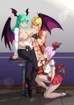  1boy 2girls bat_wings black_gloves blonde_hair breast_sucking breasts clothed_sex crossover demon_girl fellatio gloves grabbing grabbing_another&#039;s_breast green_hair group_sex hand_in_another&#039;s_clothes hand_in_panties head_wings highres ken_masters large_breasts lilith_aensland marvel_vs._capcom marvel_vs._capcom_2 morrigan_aensland multiple_girls non-web_source oral panties penis_grab pink_hair school_uniform sex street_fighter street_fighter_vs._darkstalkers the_dark_mangaka threesome underwear vampire_(game) wings 
